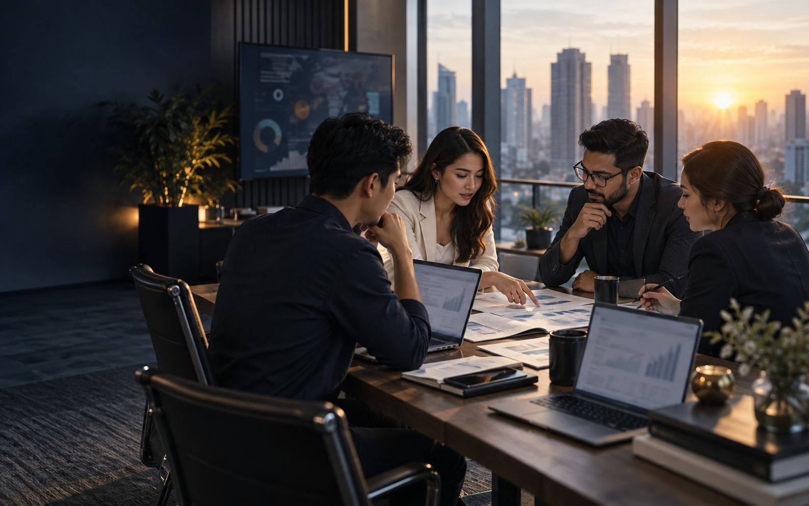 A specialist business team collaborating on client work in a modern workspace